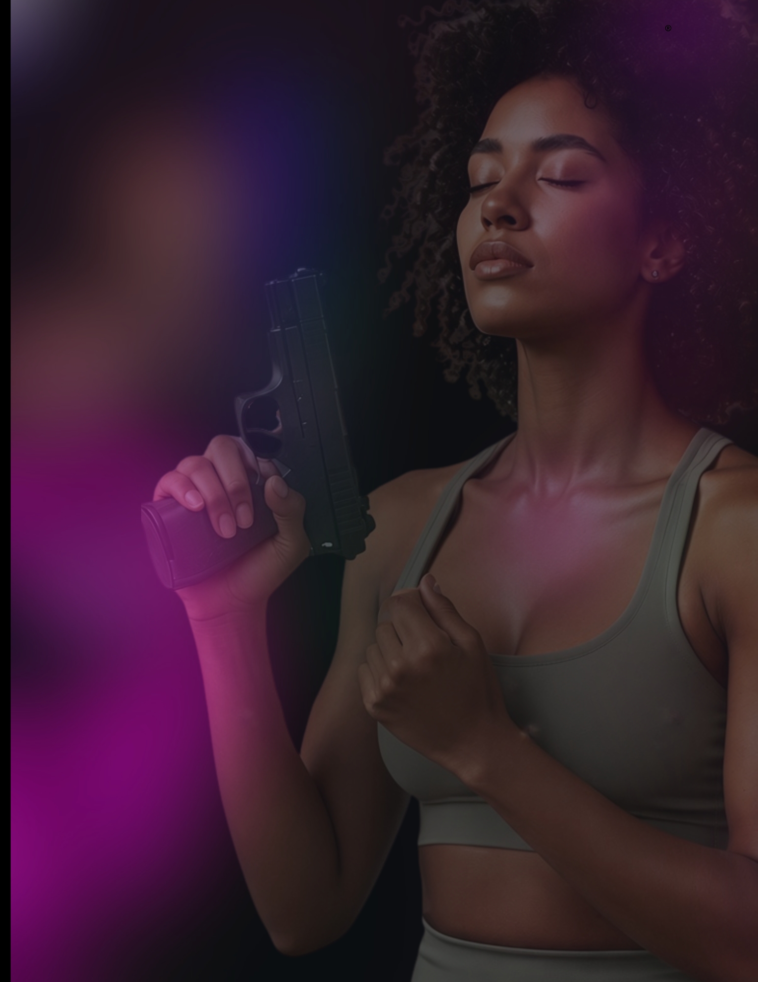 Woman holding a pistol with calm, mindful confidence